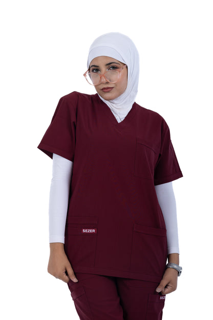 Sezar Scrub Female- Maroon | نبيتي – اسكرب قطن ليكرا الجديد