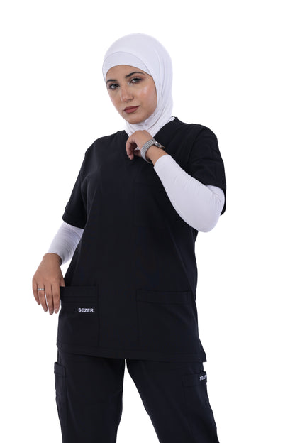 Sezar Scrub Female- Black | اسود– اسكرب قطن ليكرا الجديد