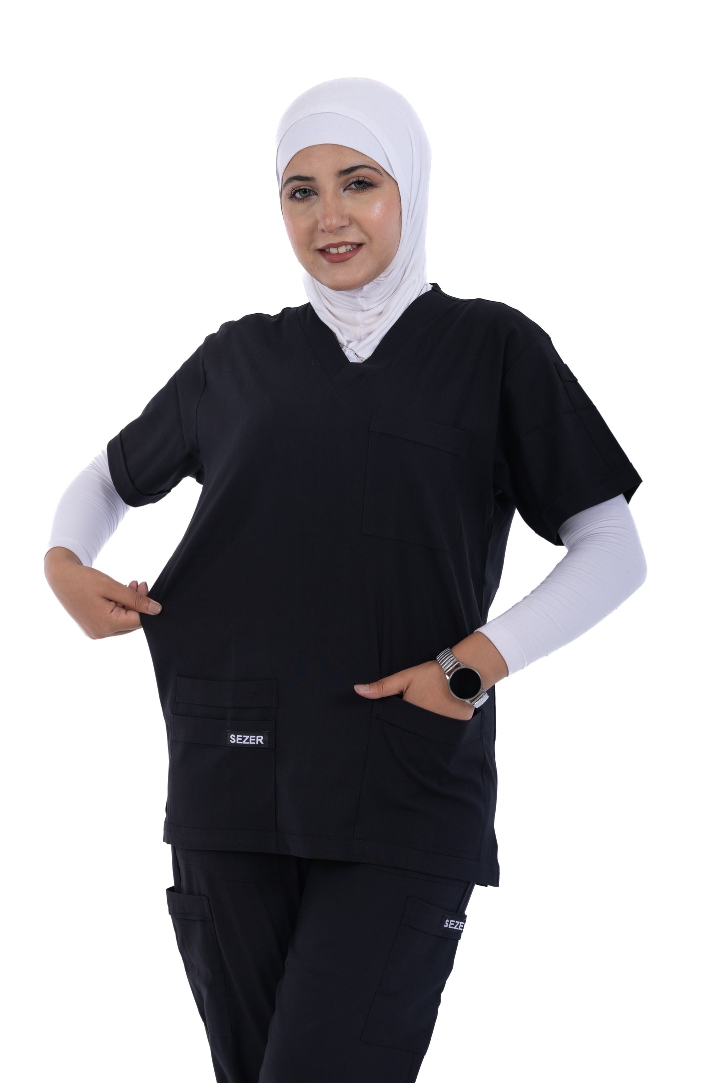 Sezar Scrub Female- Black | اسود– اسكرب قطن ليكرا الجديد