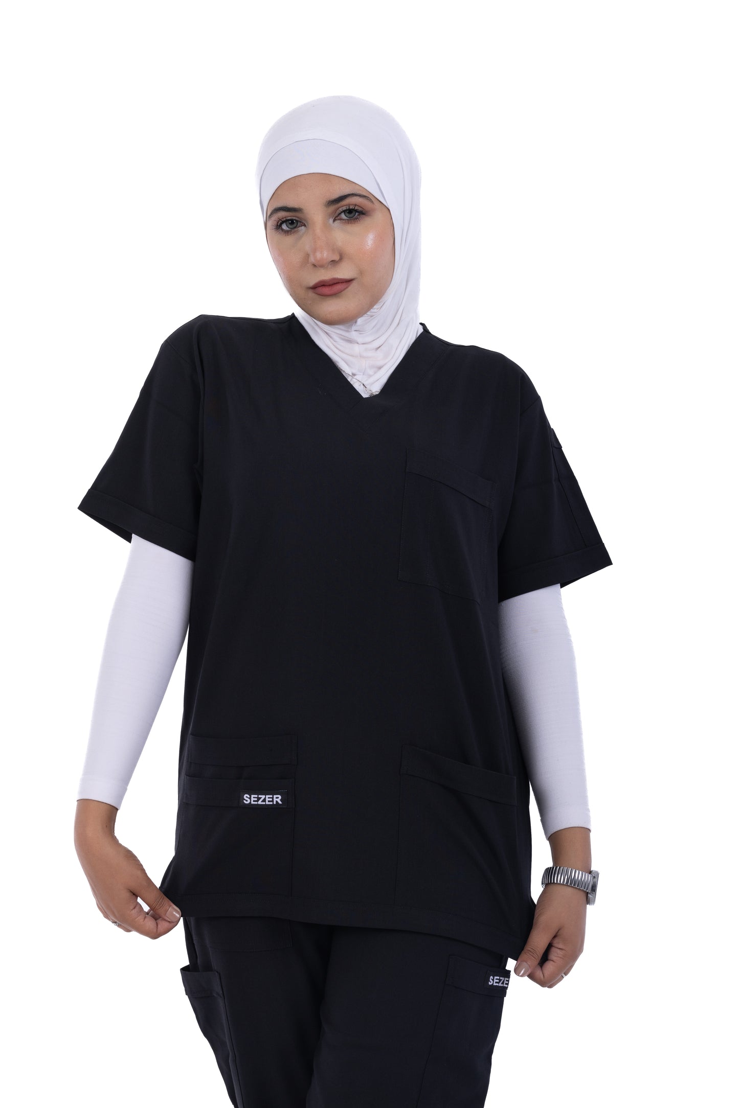 Sezar Scrub Female- Black | اسود– اسكرب قطن ليكرا الجديد