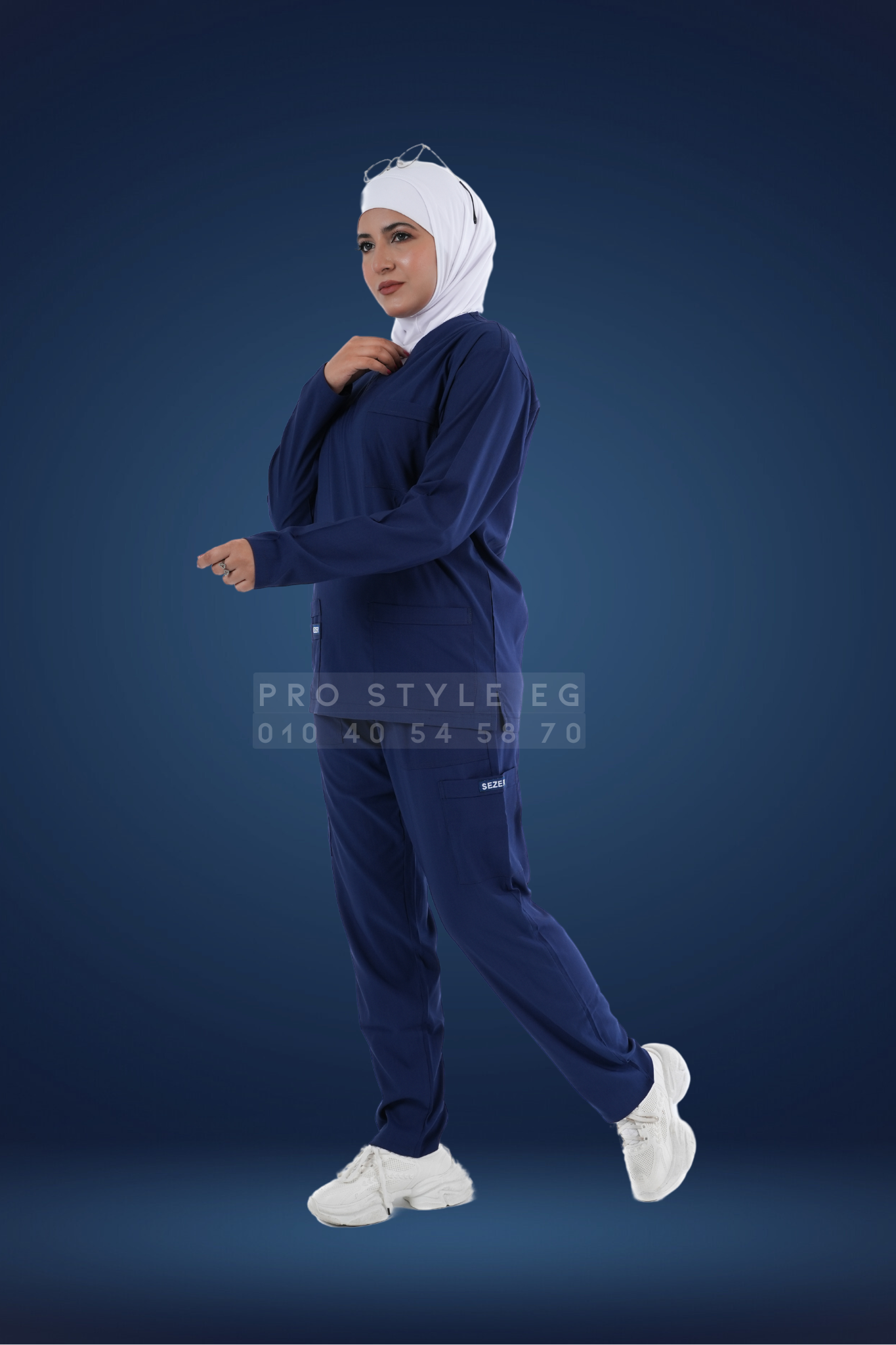 Sezar Scrub Long Sleeve - Navy Blue | اسكرب قطن ليكرا الجديد بكم كحلي