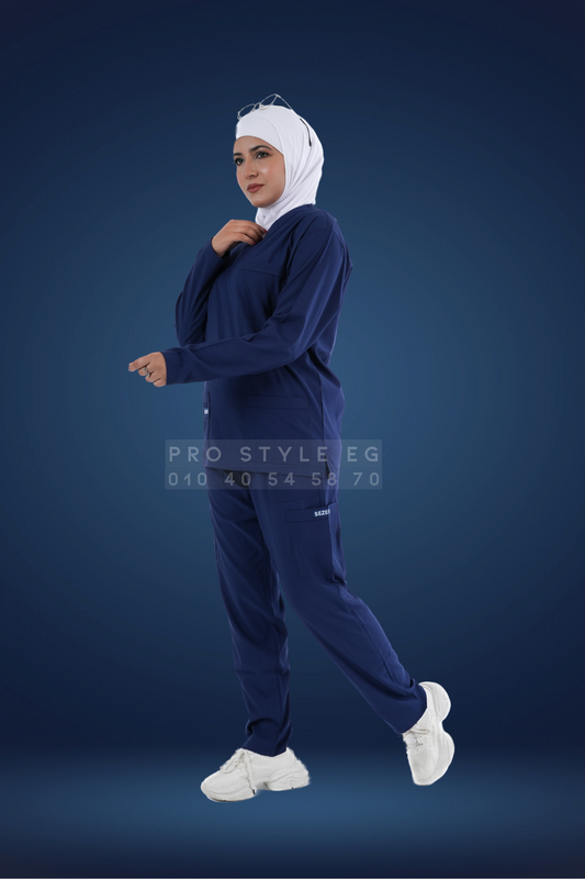 Sezar Scrub Long Sleeve - Navy Blue | اسكرب قطن ليكرا الجديد بكم كحلي